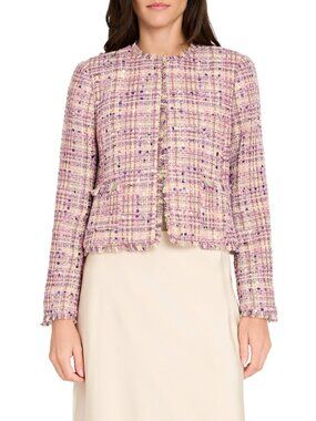 Tahari ASL Womens Boucle Cropped Jacket Vanilla Pink Fringe Size 14 New With Tag